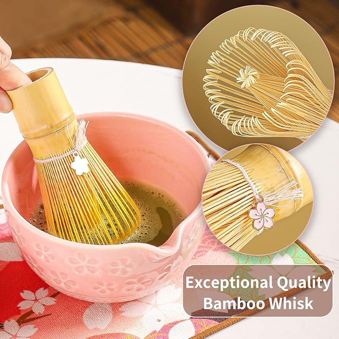8-Piece Matcha Ceremony Set - Tea Kit with Cherry Blossom Bowl, Bamboo Whisk, Wood Scoops, Tea Cloth & Floral Display
