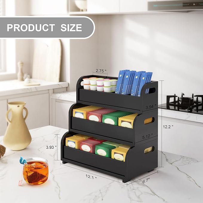 Wisuce Tea Holder for Tea Bags Organizer - Black Bamboo Tea Organizer for Tea Bags 3-Tier Stackable Wall Mount Large Capacity Tea Storage Box to Pantry Countertop Kitchen Office