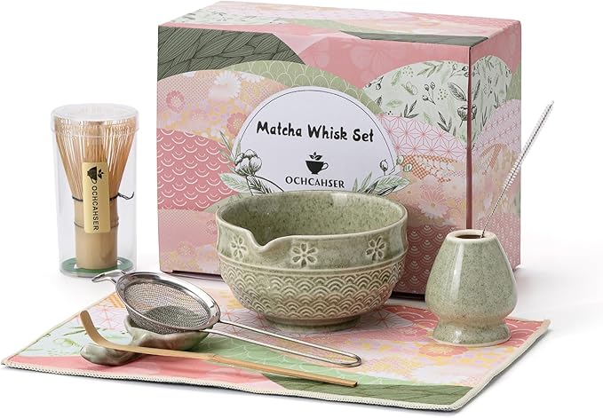 Matcha Tea Set, 8 Pcs Japanese Matcha Kit with Cherry Blossom and Wave Design Ceramic Bowl, Bamboo W