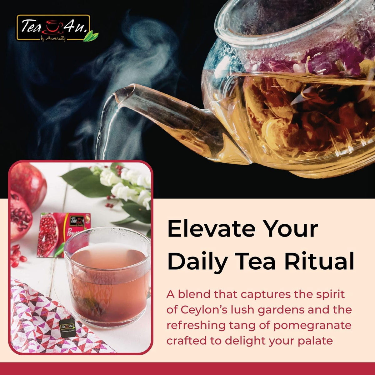 Tea4U Pomegranate Black Ceylon Tea Bags - Sri Lankan Blend - 25 Count