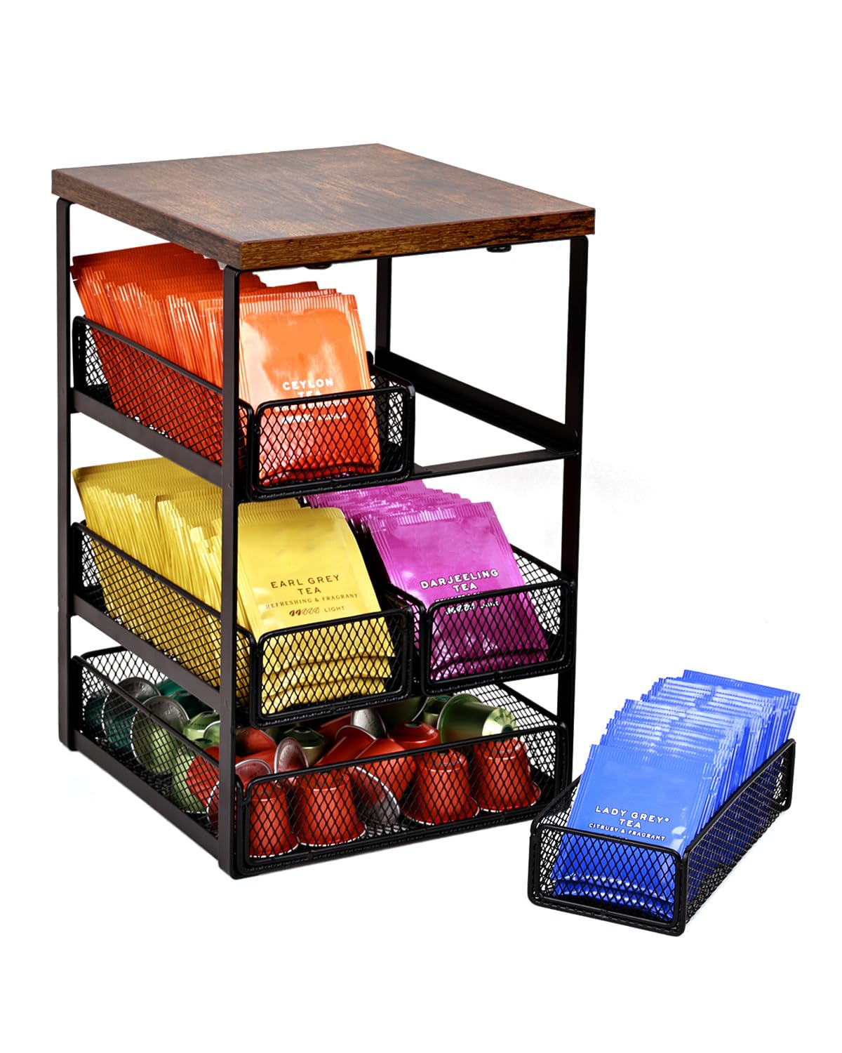 IntreLife Tea Bag Organizer with 5 Drawers, Wooden & Metal Tea Storage Organizer for TeaBags, Coffee Pods, Creamers & Sugar –