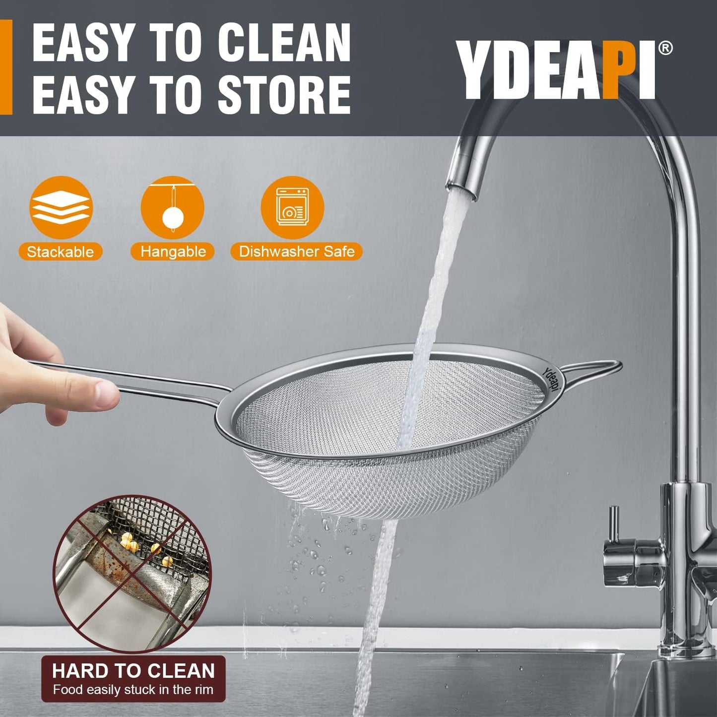 Ydeapi Fine Mesh Strainer, Stainless Steel Strainers with Sturdy Handle, Set of 3 Metal Sieve for Kitchen Food, Rice, Quinoa, Tea - 7", 4.6", 2.7"