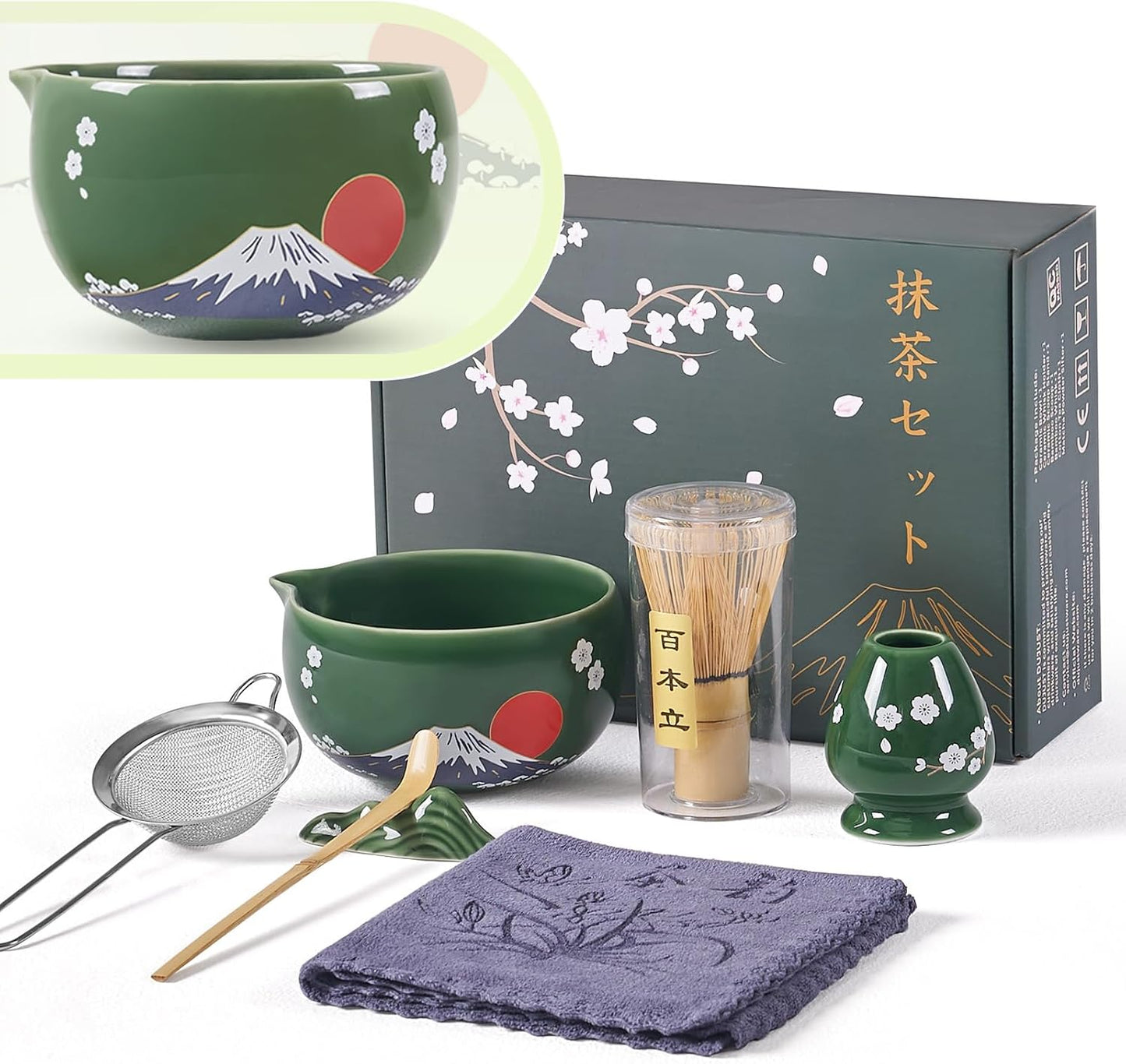 DUJUST Japanese Matcha Whisk Set, Unique Design of Mount Fuji, Sakura &amp; Dawn, Cute Ceramic Matcha Set, One of A Kind Gift for Matcha Lovers - 7 pcs of Japanese Serenity