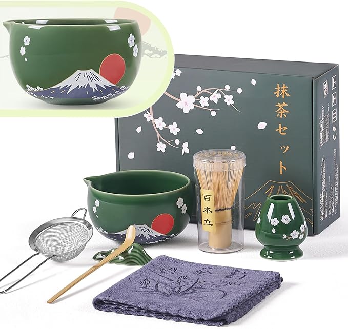 Dujust Japanese Matcha Whisk Set, Unique Design of Mount Fuji, Sakura & Dawn, Cute Ceramic Matcha Set, One of A Kind Gift for Matcha Lovers