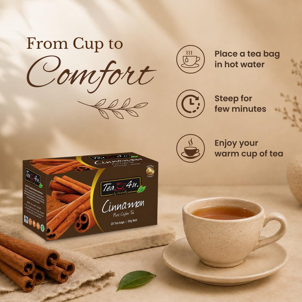 TEA 4U. BY ANVERALLY Tea4U Cinnamon Flavored Black Ceylon Tea Bags - Sri Lankan Blend - 25 Count