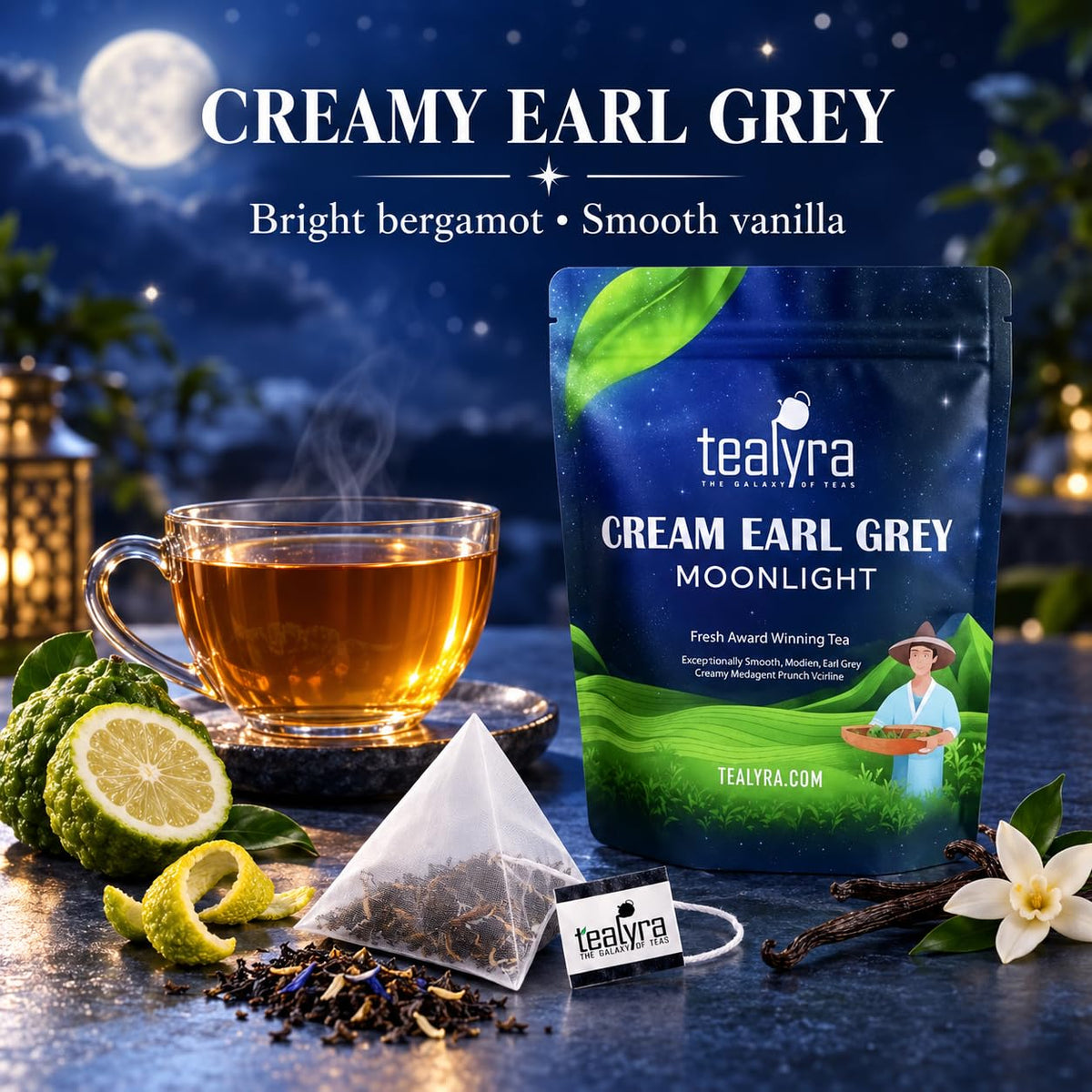 Tealyra - Cream Earl Grey Tea Pyramids Bags - Classic Black Leaf Tea - Citrusy with Vannilla Flavor - 25 Sachets (2-ounce)