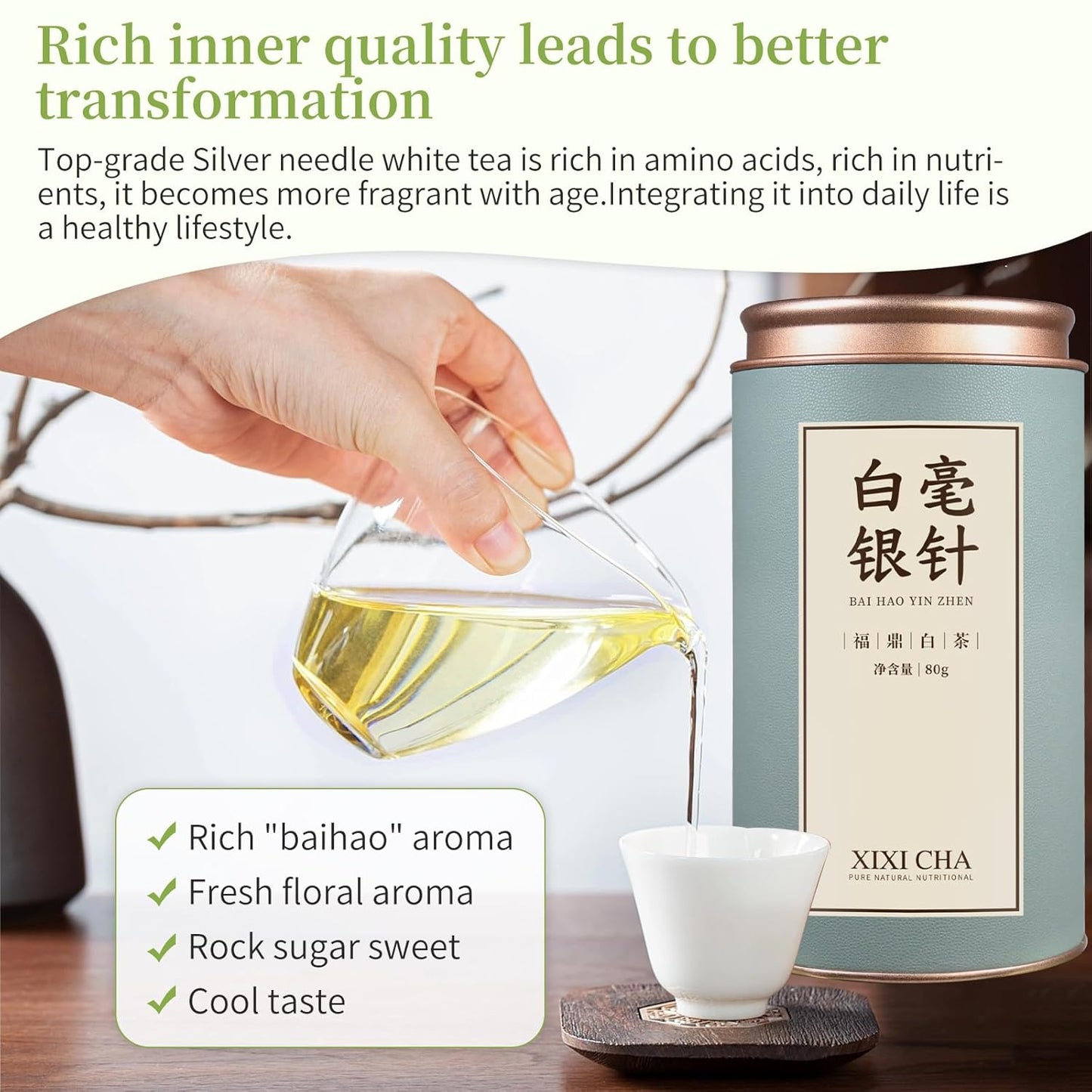 XIXICHA Silver Needle Tea White Tea Loose Leaf Chinese Fuding White Tea Decaffeinated Tea Unique Rich Aroma Of Flowers 白毫银针 福鼎白毫银针 特级 白茶 80g/2.82oz