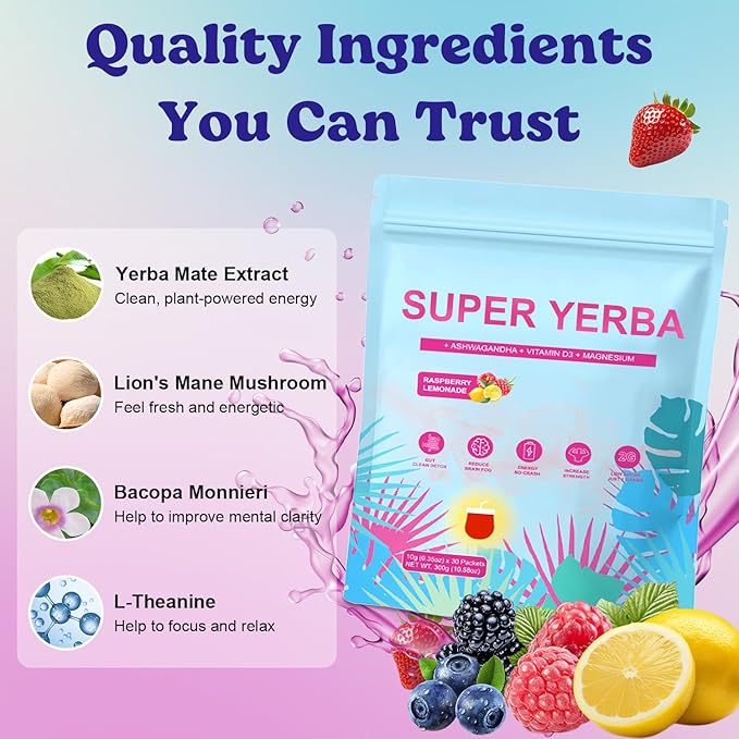 Super Yerba Mate, Yerba Mate Instant Tea Powder Raspberry Lemonade Instant Tea Powder Natural Energy & Focus, 30 Servings, Pink