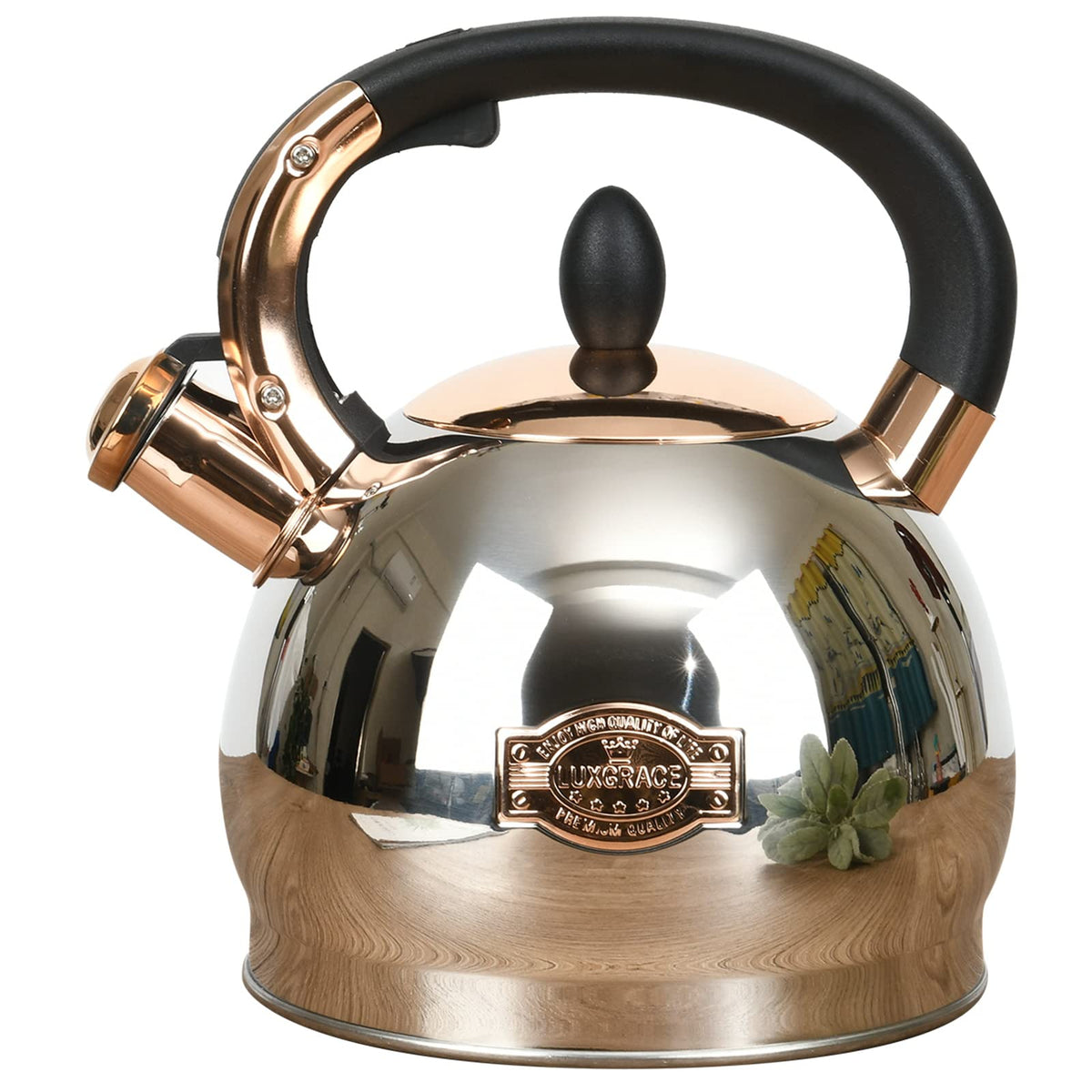 LUXGRACE Stainless Steel Whistling Tea Kettle with Metal Capsulated Bottom for Quick Heat Distribution 2.8 Quart