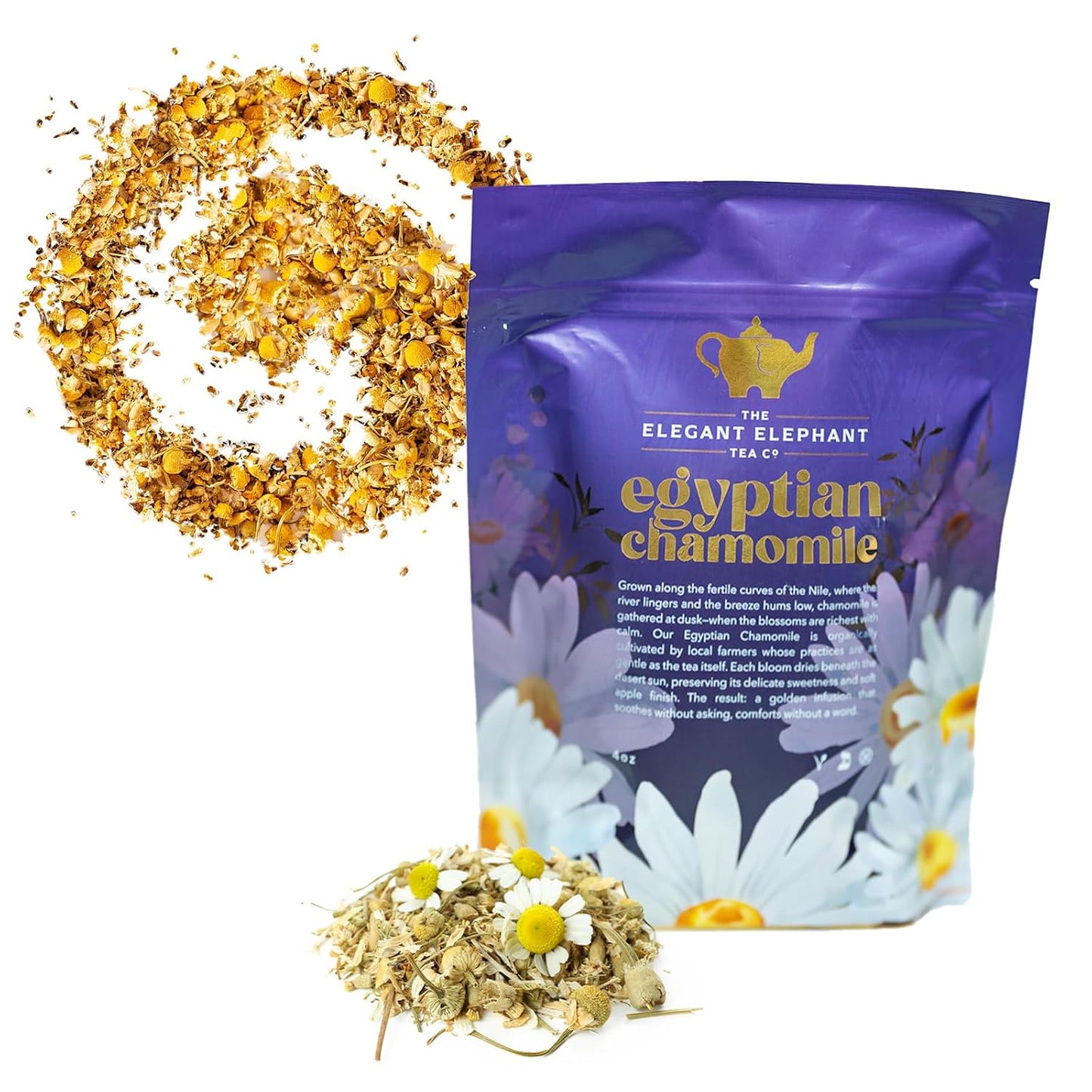 Egyptian Chamomile Tea, Organic Loose Leaf Herbal Tea – Cozy, Calming – Supports Stress Relief, Relaxation &amp; Sleep – 4 oz Resealable Bag (Makes 50 Cups) – The Elegant Elephant