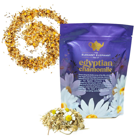 Egyptian Chamomile Tea, Organic Loose Leaf Herbal Tea – Cozy, Calming – Supports Stress Relief, Relaxation &amp; Sleep – 4 oz Resealable Bag (Makes 50 Cups) – The Elegant Elephant