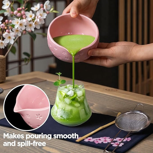 AANQQ Matcha Whisk Set: 7-PCS Matcha Set Whisk & Bowl Kit - 19OZ/560ml Ceramic Matcha Bowl with Spout - Matcha Starter Making Kit Ceremony Gift for Japanese Tea Lovers/Kitchen/Office (Pink)