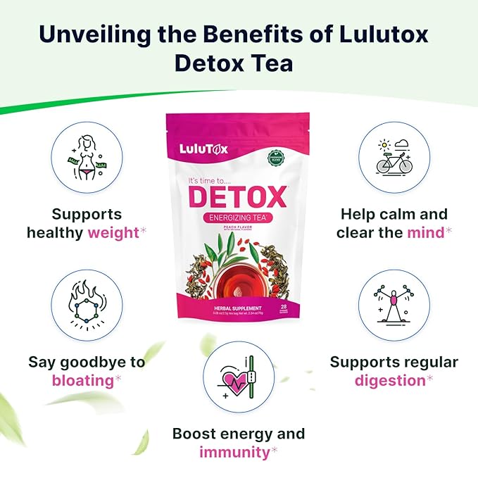 LULUTOX Detox Tea - Herbal Blend with Dandelion, Ginseng, and Ginger - Supports A Healthy Weight, Digestive Health - Vegan, All Natural, Laxative-Free - Peach Flavor (3 Pack x 28 Servings)