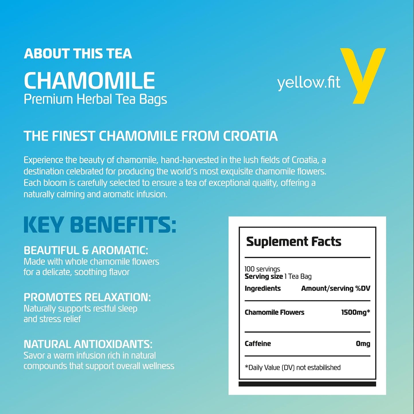 Yellow.fit Chamomile Herbal Tea Bags – 1500mg Loose Leaf Tea Bags, Caffeine-Free Herbal Tea Made with Whole Chamomile Flowers, Plant-Based Tea Bags, 100 Count