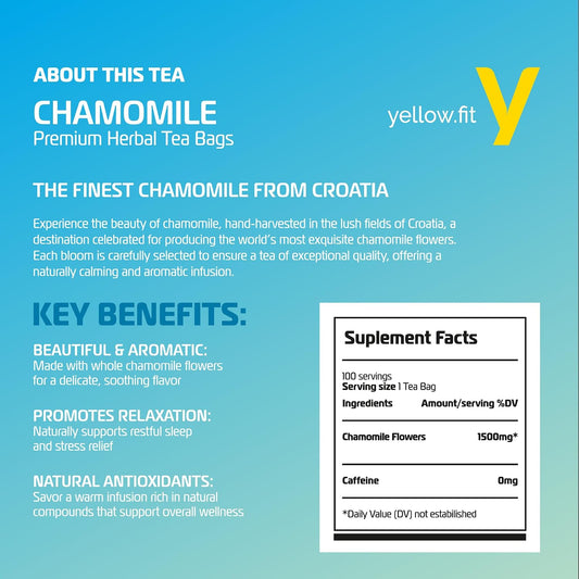 Yellow.fit Chamomile Herbal Tea Bags – 1500mg Loose Leaf Tea Bags, Caffeine-Free Herbal Tea Made with Whole Chamomile Flowers, Plant-Based Tea Bags, 100 Count