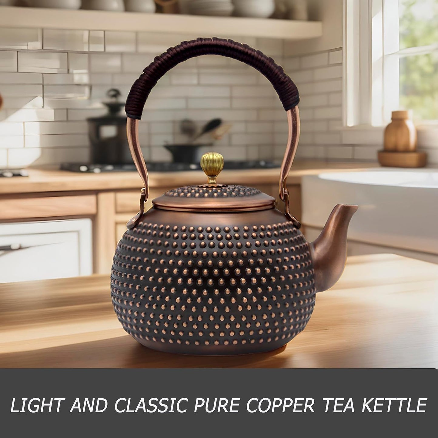YJX 47.3oz Elegant Japanese Style Copper Tea Kettle For Stovetop Safe, Non-Coating Pure Copper Teapot with Stainless Steel Tea Ball For Loose Tea, Solid Tea Pot For 2-4 Cups (1400ml)