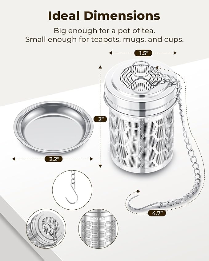 House Again 2 Pack Tea Strainers for Loose Tea, Extra Fine Mesh Tea Infuser, 304 Stainless Steel with Chain Hook