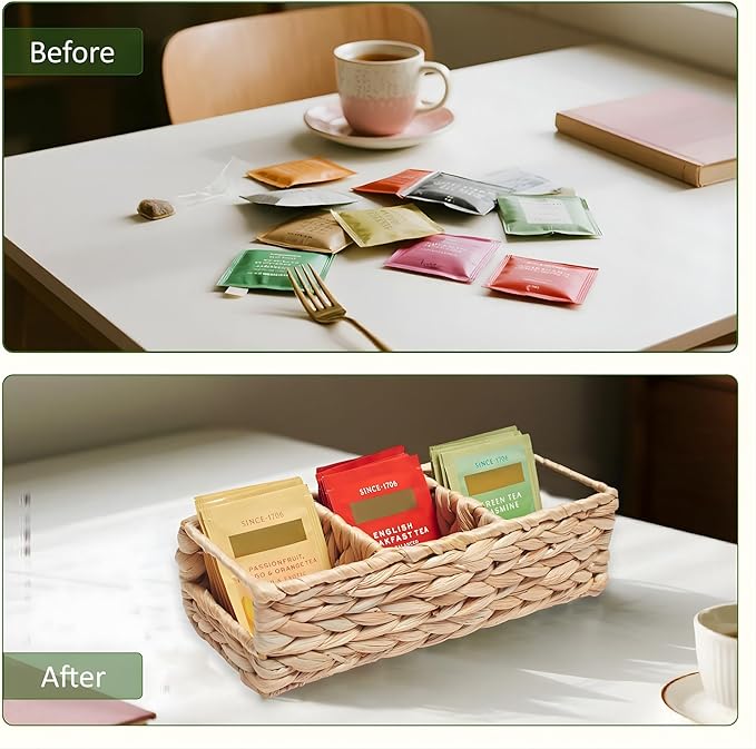 Trovea Wicker Tea Organizer and Storage Box, 4-Compartment Water Hyacinth Tea Bag Holder for Tea Bar, Drawer, and Countertop Organization