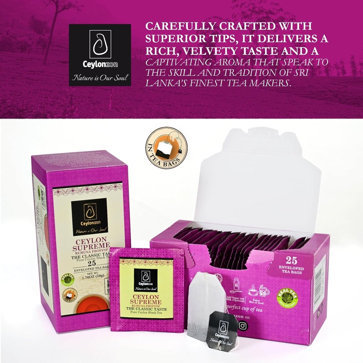 Ceylonzon Ceylon Supreme Flowery Broken Orange Pekoe Fannings Special Tea Classic Taste 25 Individually Foil-Wrapped Tea Bags 40g