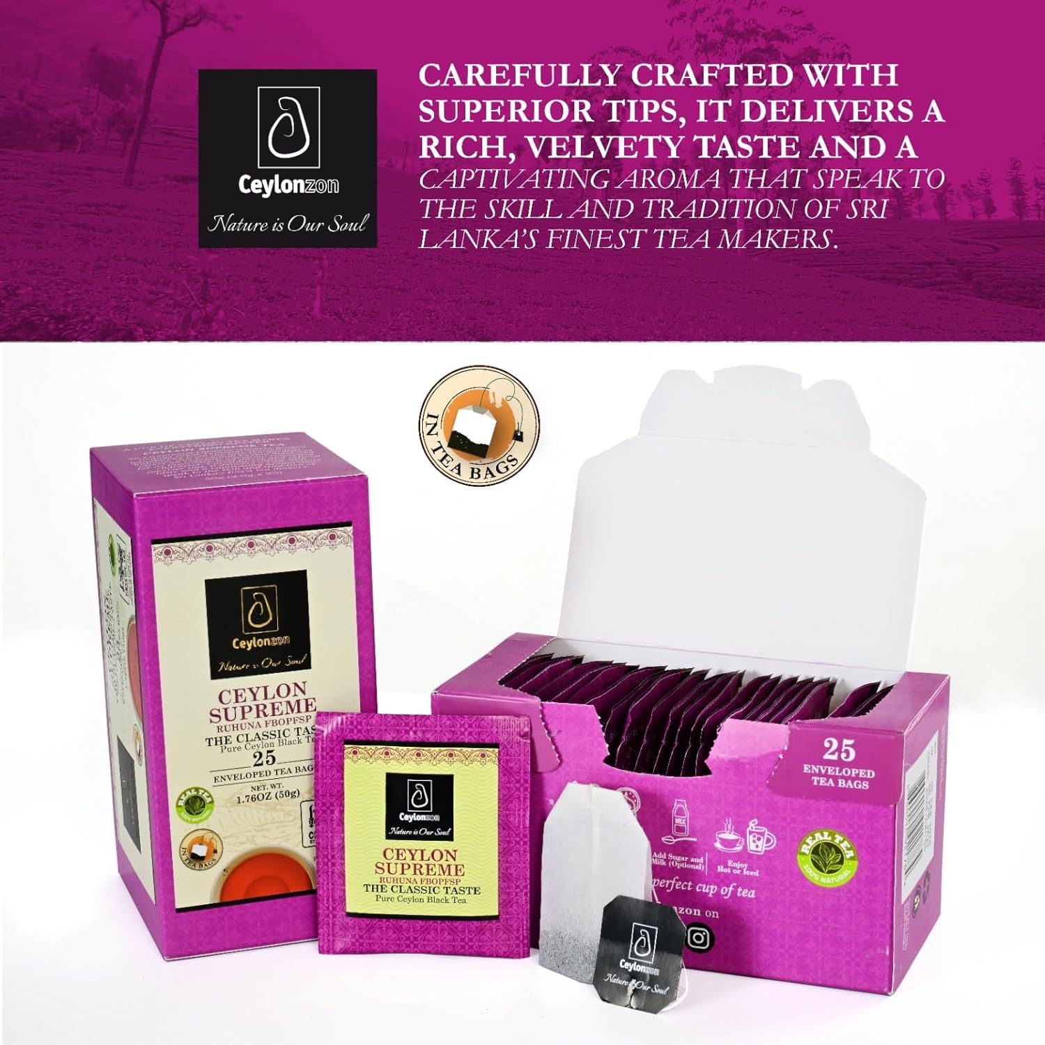 Ceylonzon Ceylon Supreme Flowery Broken Orange Pekoe Fannings Special Tea Classic Taste 25 Individually Foil-Wrapped Tea Bags 40g