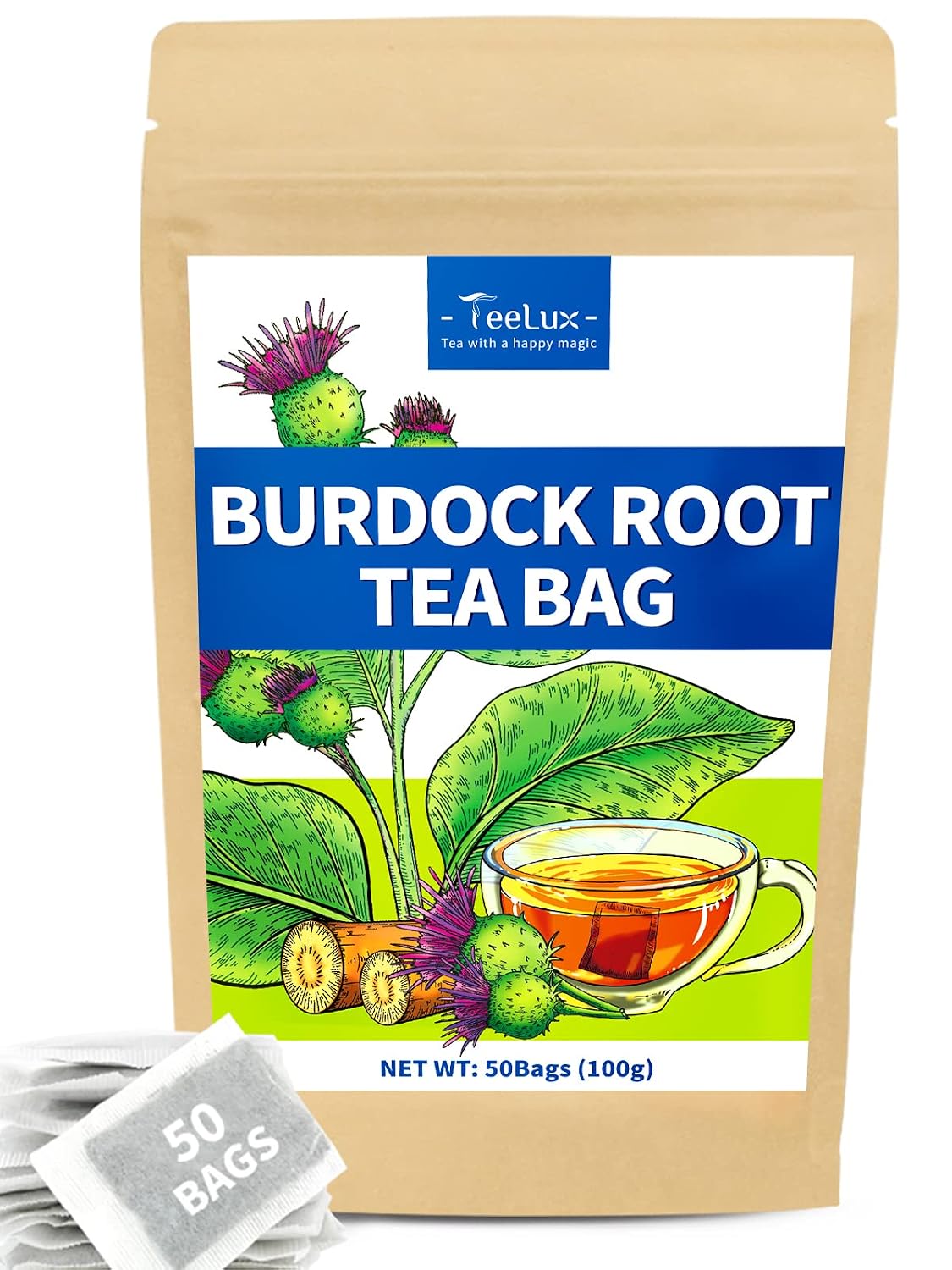 TeeLux Burdock Root Tea Bags, Roasted Aroma, Smooth &amp; Mellow Taste, 50 ct