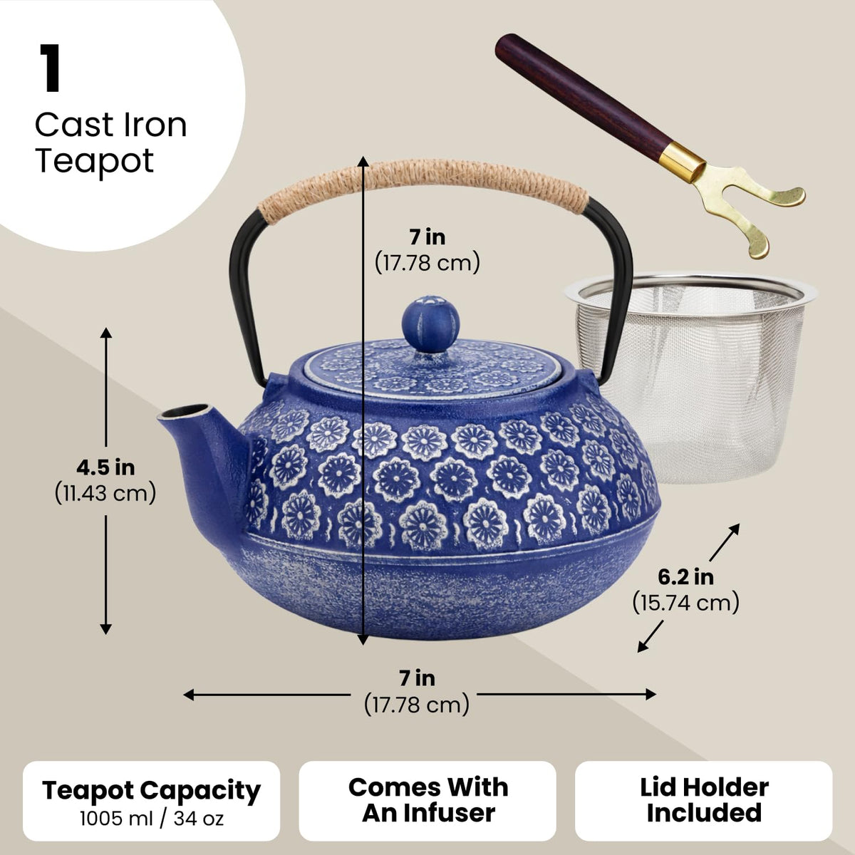 Juvale Japanese Cast Iron Teapot with Infuser & Stovetop Tea Kettle - 34 oz, Blue - Heat Retention, Removable Lid & Fold-Down