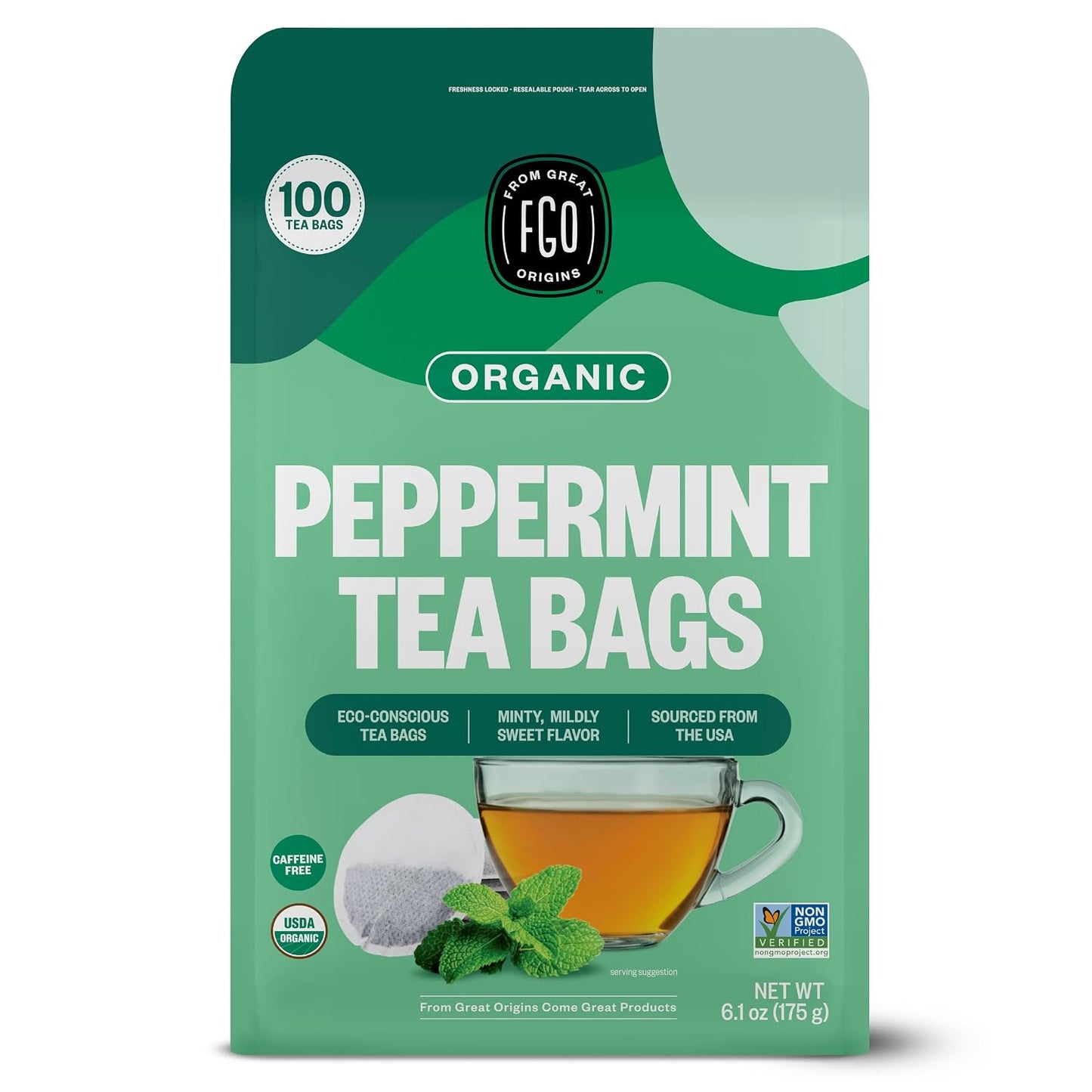 FGO Organic Peppermint Tea, 100 Count, Eco-Conscious Tea Bags, Caffeine Free, Packaging May Vary (Pack of 1)