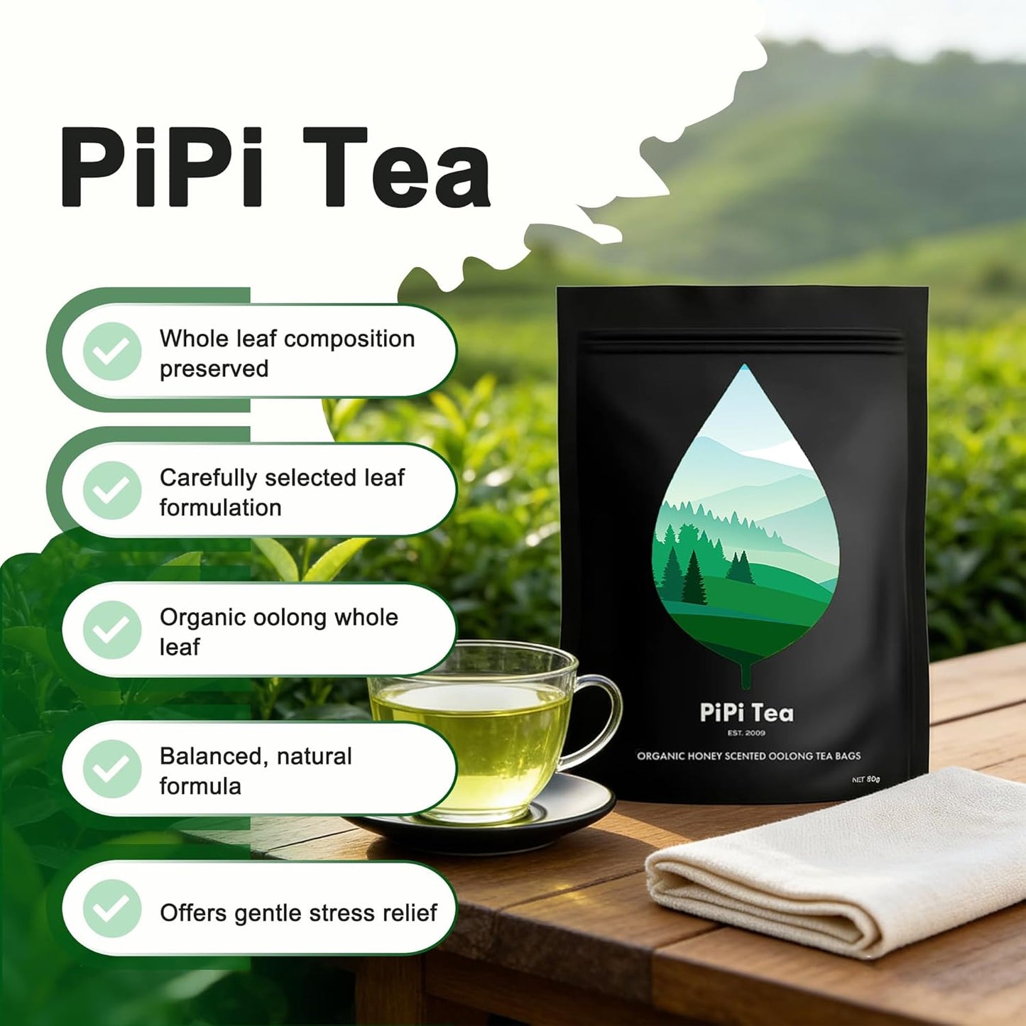 Pipi Tea Organic Oolong Tea Bags - Whole LeafTea, (20 bags) 4g Selected Tea Leaves - Helps lower cortisol levels, relieve stress, promote digestion and metabolism, vegan, non-GMO. (1pcs)