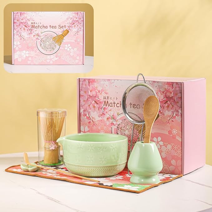 8-Piece Matcha Tea Set with Ceramic Bowls (Flower Pattern), Bamboo Whisk, Scoop, Spoon & Pink Sakura Gift Box – Traditional Japanese Matcha Whisking Kit for Tea Lovers (green)