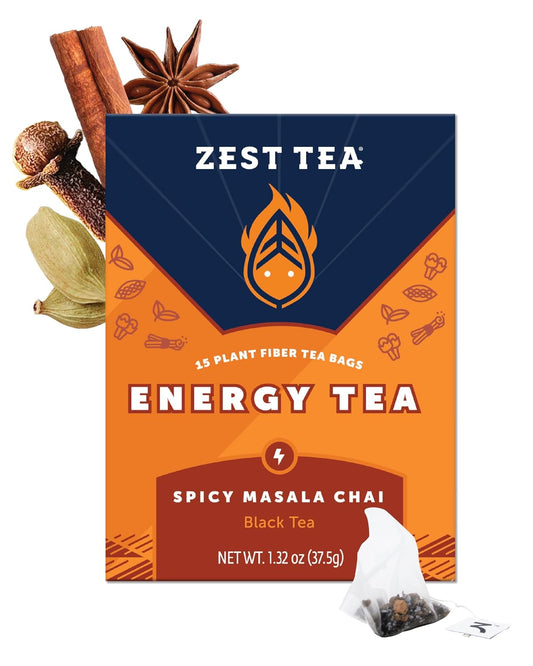 Zest Energy Black Tea - Spicy Masala Chai - High Caffeine Cardamom Ginger Tea with Cinnamon, Cloves &amp; Vanilla Chai - Caffeinated Coffee Alternative - Natural, Non-GMO &amp; Keto - 15Ct Box - 150mg Caf