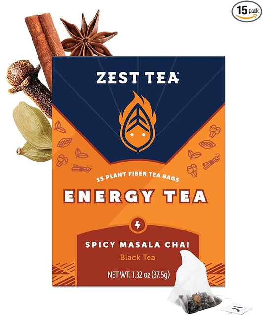 Zest Energy Black Tea - Spicy Masala Chai - High Caffeine Cardamom Ginger Tea with Cinnamon, Cloves & Vanilla Chai - Caffeinated Coffee Alternative - Natural, Non-GMO & Keto - 15Ct Box - 150mg Caf