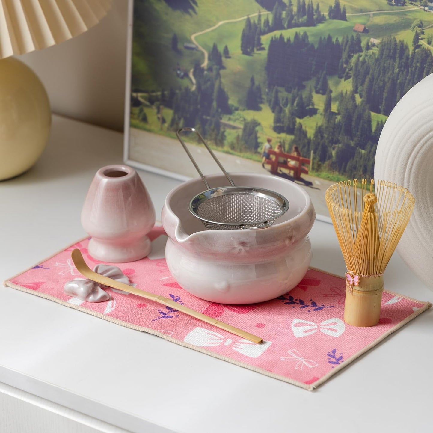 DWEHIXBUY Matcha Kit 7-Pcs matcha whisk set, Measuring Spoon, Japanese Tea Making Tools,Cha, tea bowl, pink matcha set (rosy)