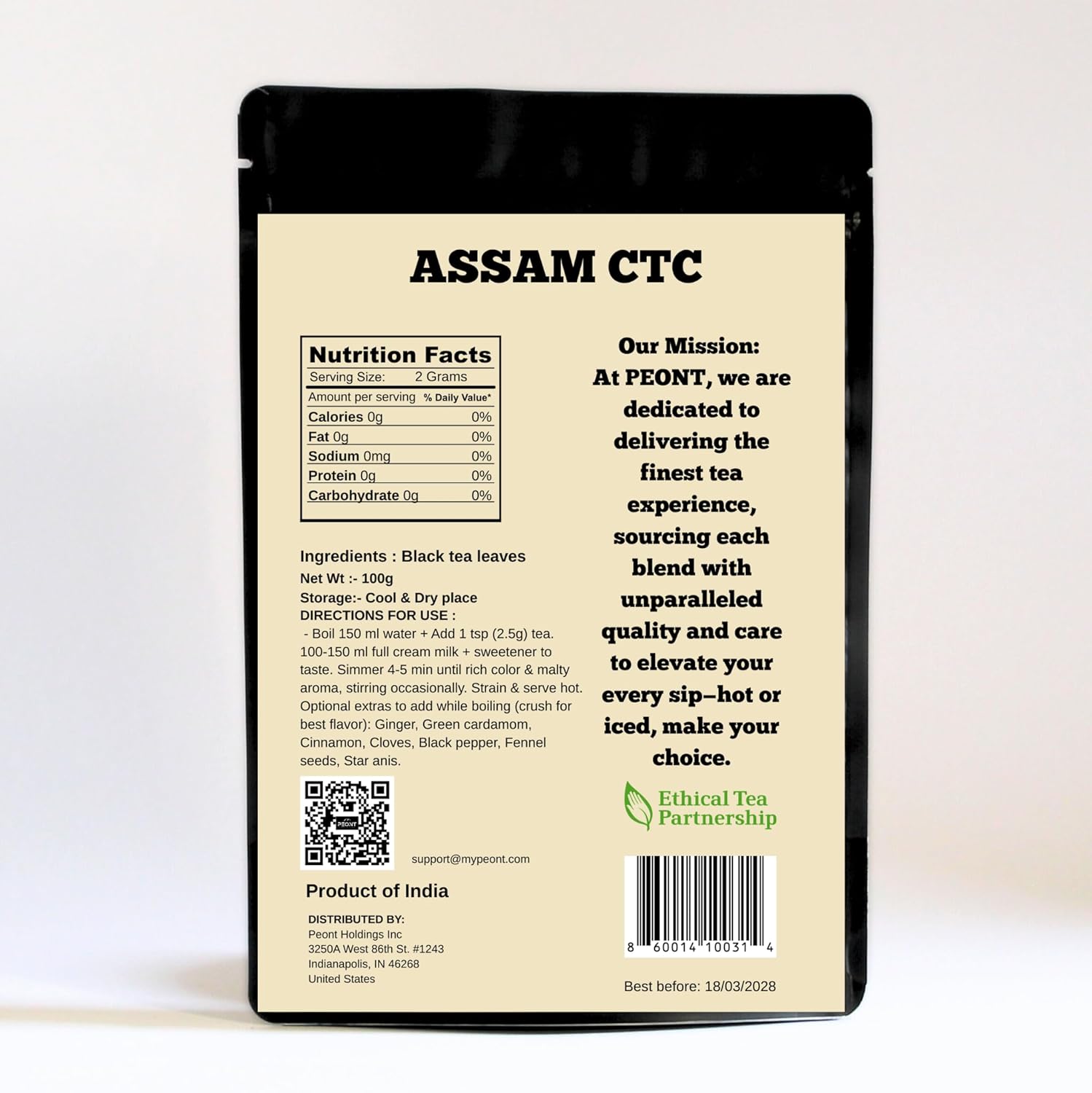 Peont Assam CTC Black Tea, Single Estate, High Caffeine, Robust Malty Flavor, 100g