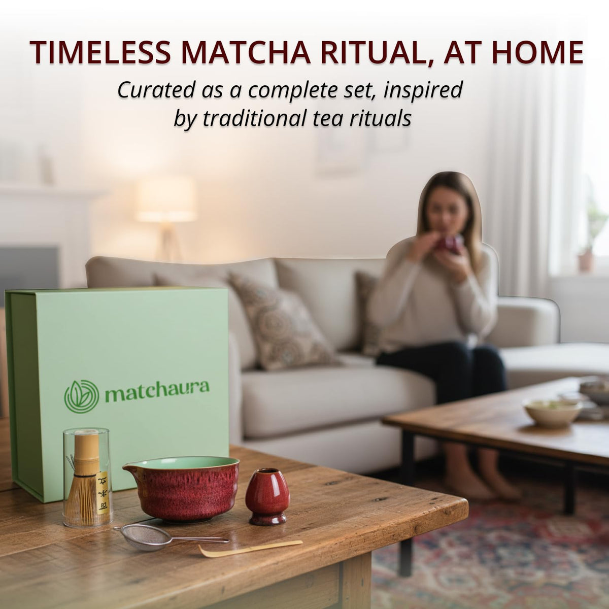 MATCHAURA Premium Matcha Whisk Set with Spouted Ceramic Bowl – 5-Piece Matcha Kit with Bamboo Whisk, Holder, Sifter & Scoop –