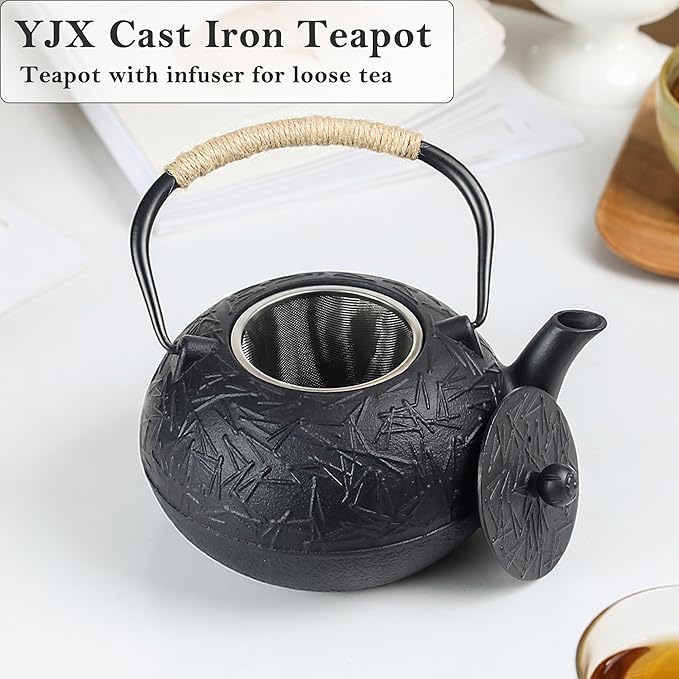 60.9oz YJX Cast Iron Teapot, Japanese Tetsubin Tea Kettle for Stovetop Safe, Cast Iron Tea Pot with Infuser for Loose Leaf, Black Kettle Teapot