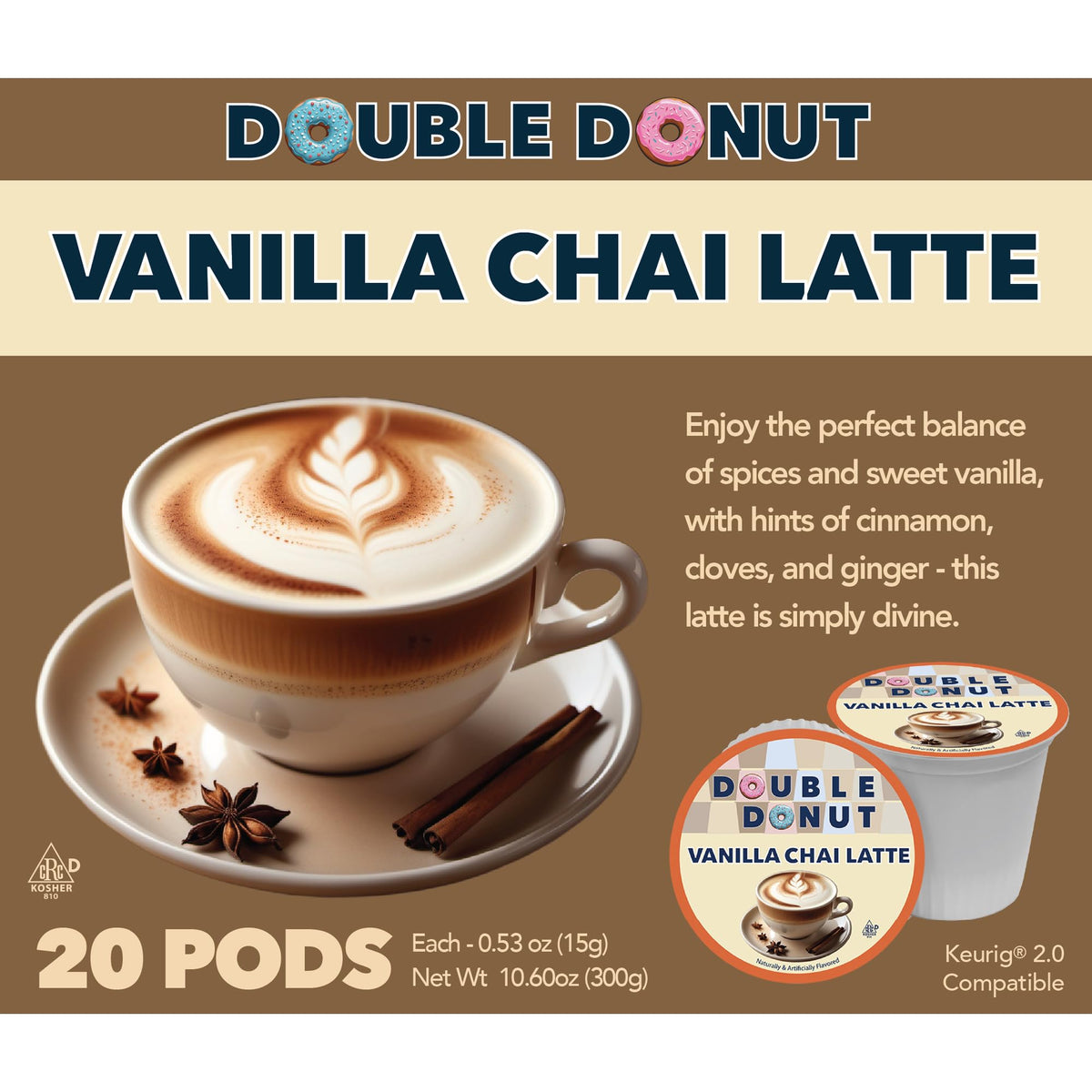 Double Donut Coffee Double Donut Vanilla Chai Latte Pods, Smooth & Creamy, 20 Count