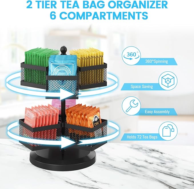 iDavosic.ly 2 Tier Tea Bag Organizer, Packet Storage Holder Spinning Carousel With 6 Compartments, Rotating Metal Caddy for Kitchen Counter Cabinet, Up to 72 Teabags Storage, Black