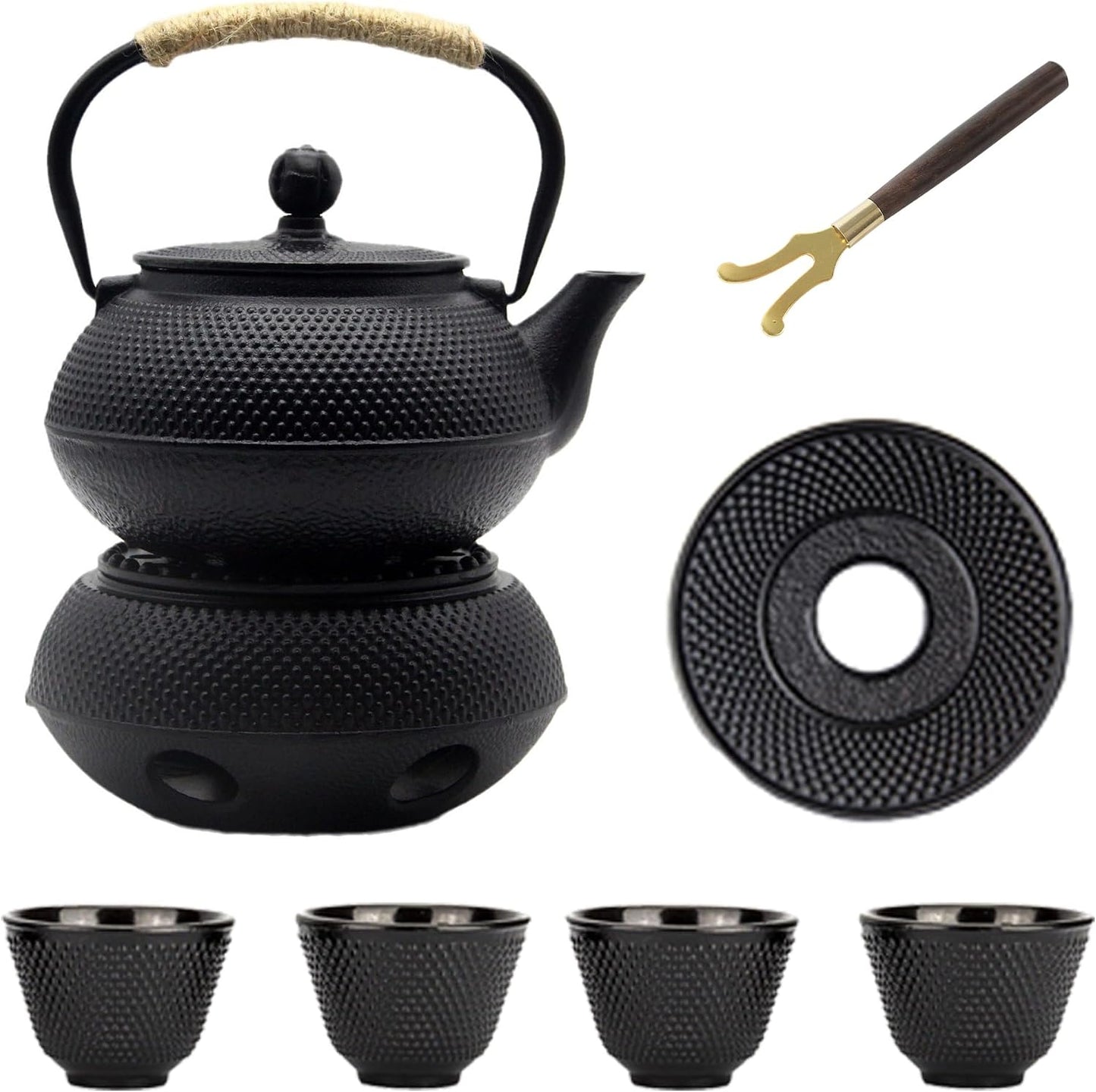 20.3oz Small Cast Iron Teapot Set with Warmer, Japanese Black Tea Kettle for Stovetop Safe, Teapot and Cups Set, Tea Pot with Stainless Steel Infuser for Loose Tea(600ml)