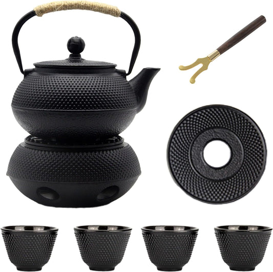 20.3oz Small Cast Iron Teapot Set with Warmer, Japanese Black Tea Kettle for Stovetop Safe, Teapot and Cups Set, Tea Pot with Stainless Steel Infuser for Loose Tea(600ml)