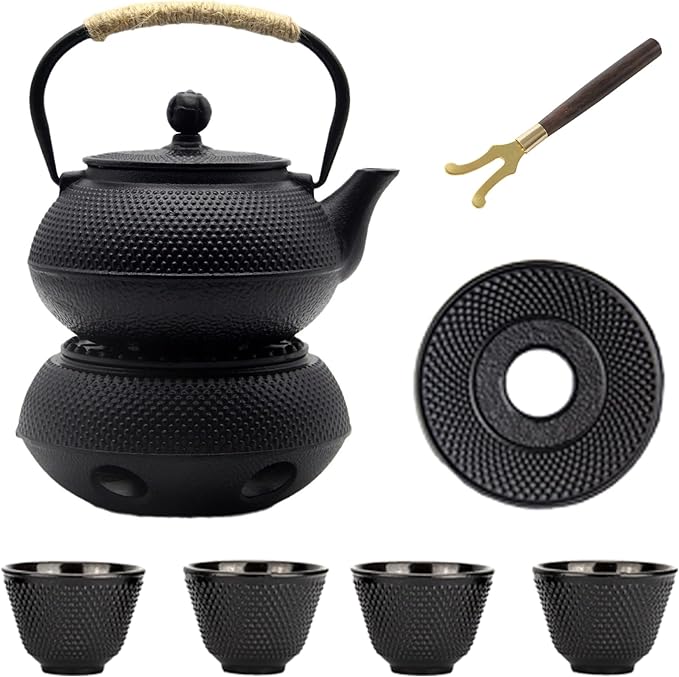 20.3oz Small Cast Iron Teapot Set with Warmer, Japanese Black Tea Kettle for Stovetop Safe, Teapot and Cups Set