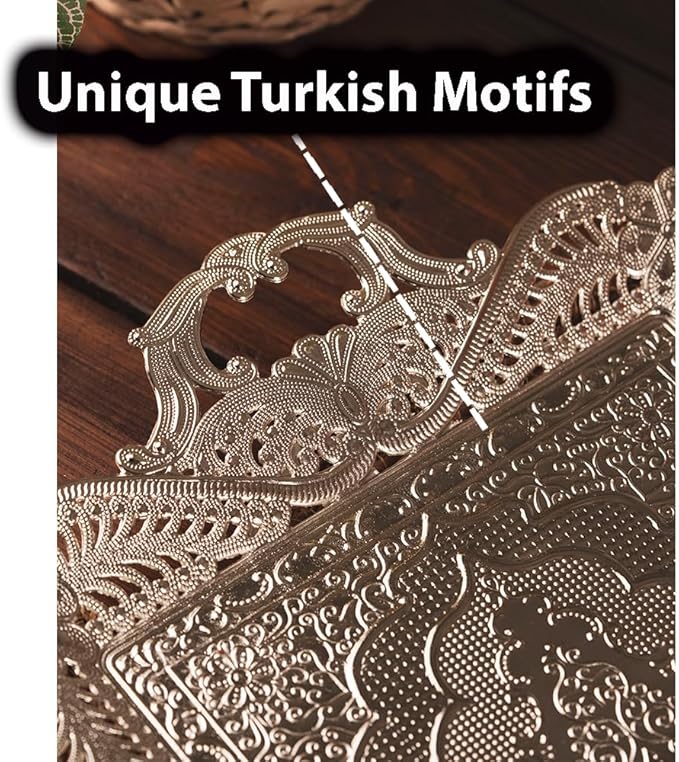 Silver Metal Turkish Coffee Tea Serving Tray Table Decor Decorative Handle Rectangular Home Kitchen Brass Style Fancy Antique Silver Vintage Outdoor