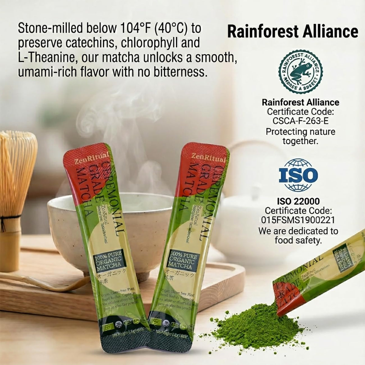ZenRitual Matcha Powder Packets, 20 Single Serve Sticks, Ceremonial Grade