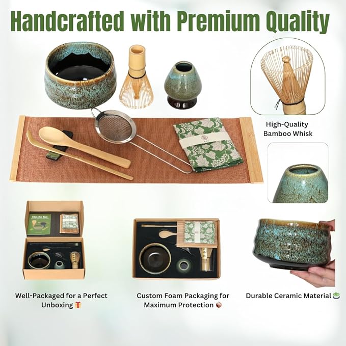Annie & Mia Design Matcha Whisk Set (9pcs), Japanese Tea Matcha Set includes Ceramic Matcha Bowl, Bamboo Matcha Whisk (Chasen), Ceramic Whisk Holder, Bamboo Matcha Scoop (Chashaku), Blue