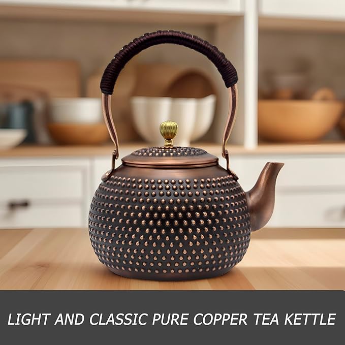YJX 47.3oz Elegant Japanese Style Copper Tea Kettle For Stovetop Safe, Non-Coating Pure Copper Teapot with Stainless Steel Tea Ball For Loose Tea