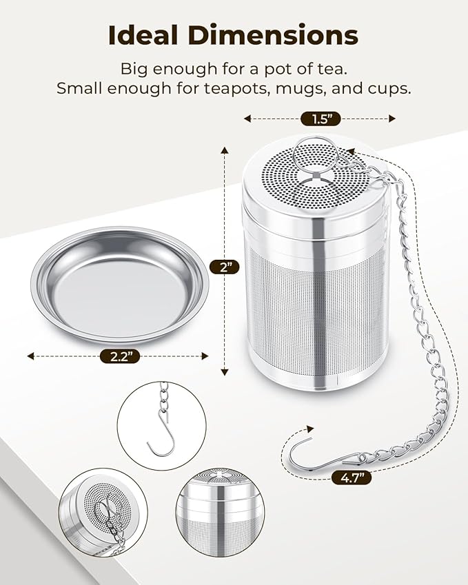 House Again 2 Pack Tea Strainers for Loose Tea, Extra Fine Mesh Tea Infuser, Updated Slim Threaded Lid & 304 Stainless Steel