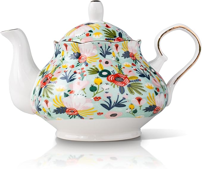 33.8 oz Porcelain Tea Pot Luxury Gold Trim Floral Ceramic Teapot Waterpot Tea Maker for Blooming Loose Leaf Tea Coffee Milk Chrismas Women Gift Housewarming Home Kitchen Décor (Mint)