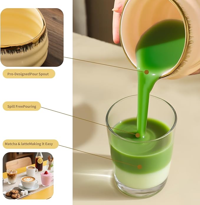 XiaoQuilismic-Matcha Whisk Set: Bamboo blender, matcha bowl, cute stand, ritual tool, Sieve - Family travel with golden texture details, 7-piece set