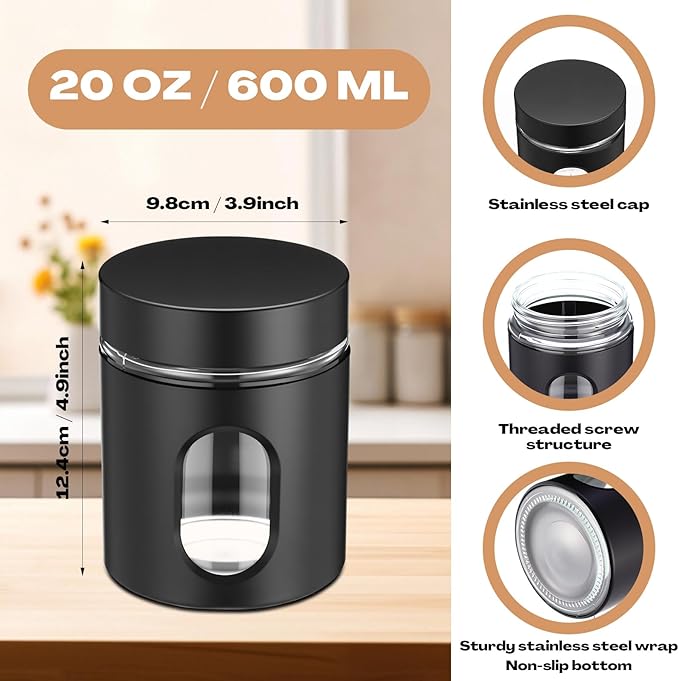Patelai 6 Pack Kitchen Canisters Set 20 oz Airtight Stainless Steel Canister Food Storage Container with Window Glass, Coffee Sugar Candy Jars Tea Organizer for Flour Cookies Spice Kitchen (Black)