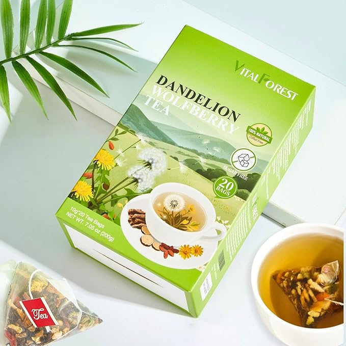 Dandelion Wolfberry Tea Bags – 10g x 20 Bags Liver and Kidney Cleanse Detox & Repair tea, Organic Dandelion Tea with Goji Berry, Chrysanthemum, Cassia Seed, Licorice – Herbal Kidney Detox Tea