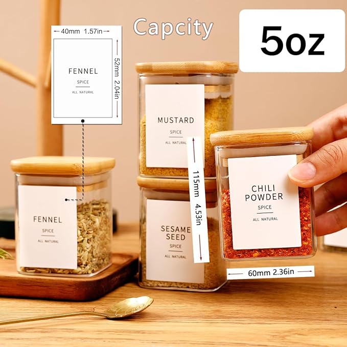 12 Pcs Square Glass Spice Jars with Natural Bamboo Lids - 5oz Airtight Herb Containers with 148 Waterproof Minimalist Spice Labels Preprinted